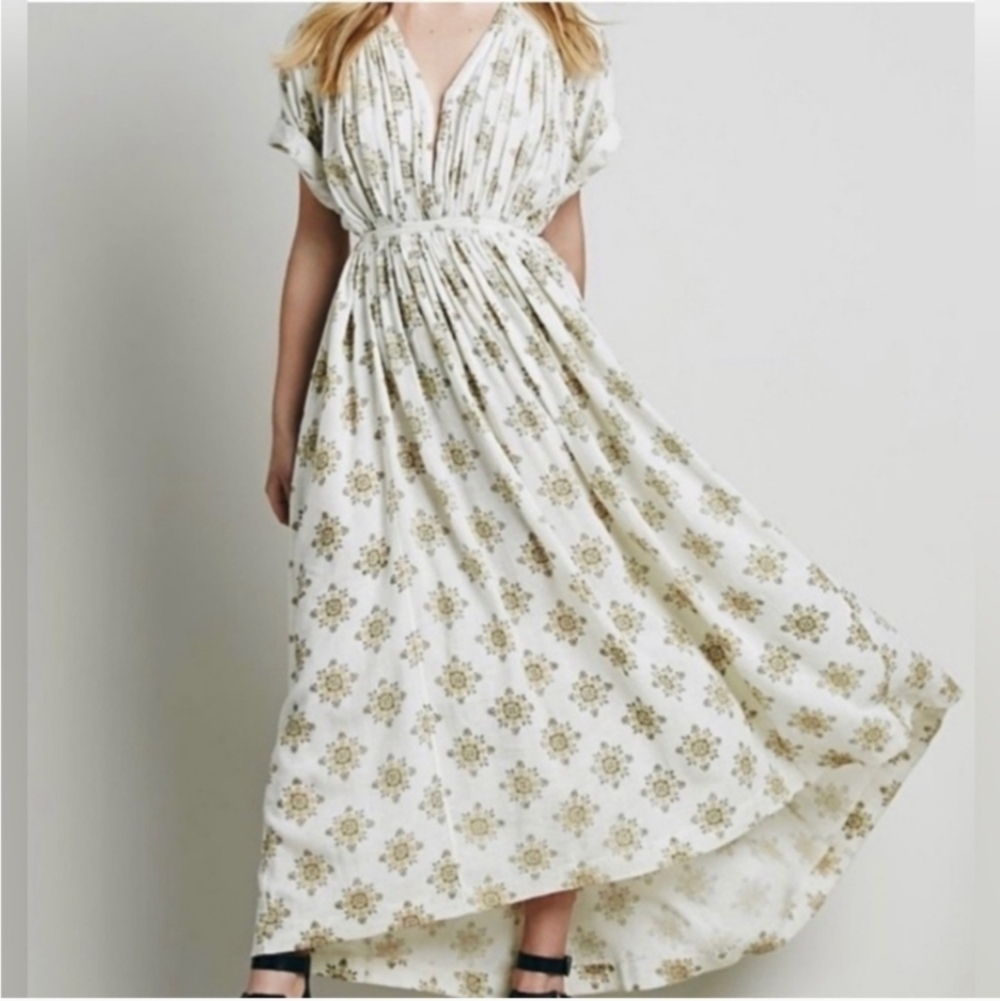 Free People Oasis Maxi Dress Bohemian Flowy Short Sleeve Beige Size XS Oversized